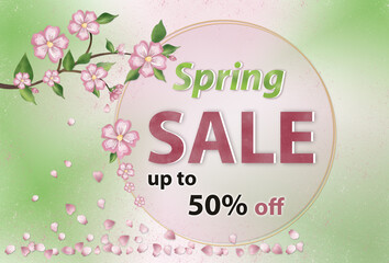  Spring sale poster with blooming  cherry branch  . Seasonal green -pink  spring sale banner with round frame and blooming sakura branch. Free copy space