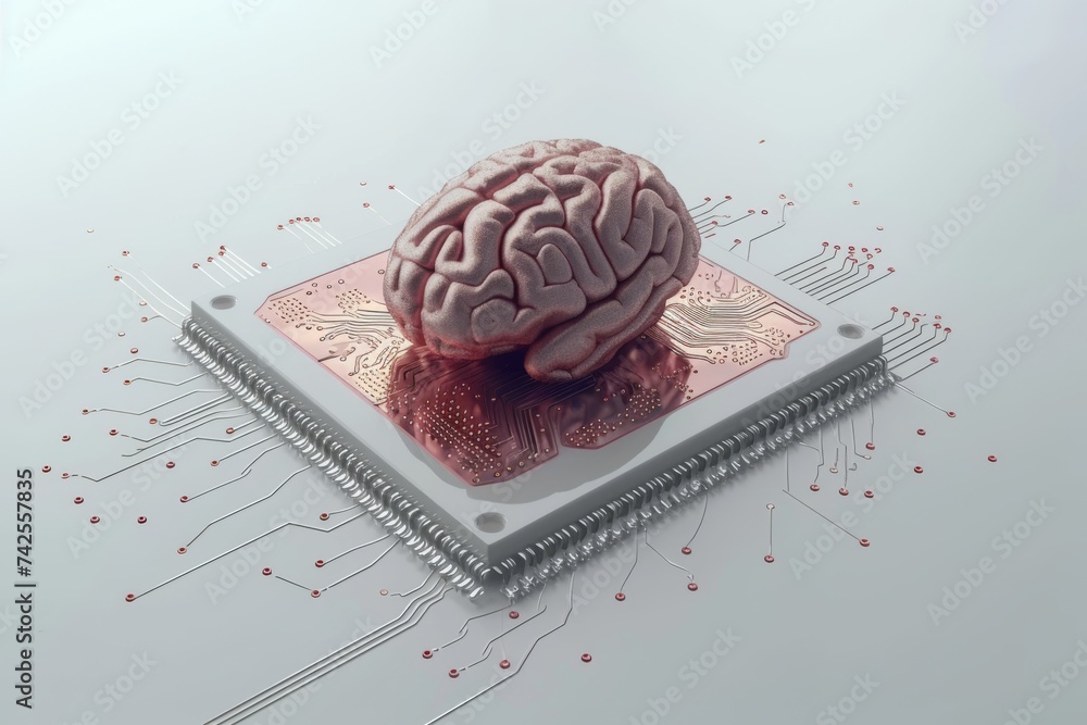 Poster ai brain chip computer. artificial intelligence gamma human mental energy mind circuit board. neuron