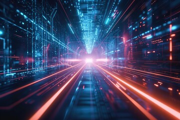 Abstract digital cyber tunnel with vibrant blue and red neon lights.