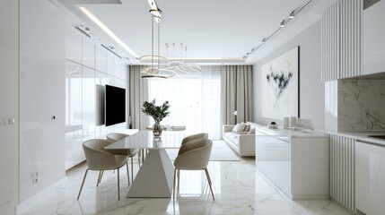 Minimalist white modern kitchen and dining interior design.