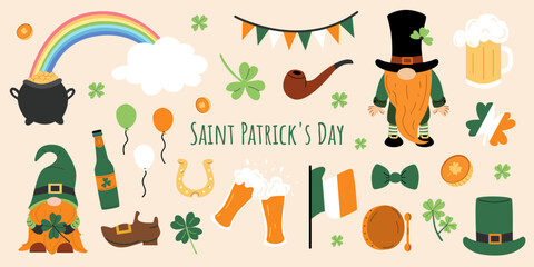 Saint Patrick's Day collection. St. Patrick's day vector set. Collection with leprechauns, Irish flag and beer, clover, pot of gold and rainbow. Hand drawn illustration on white isolated background. 