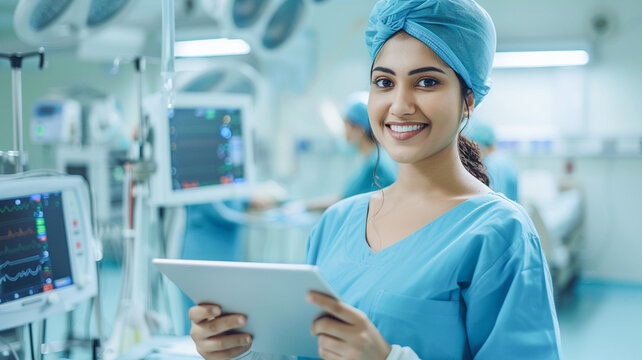 Female nurse wearing scrubs in hospital emergency room using digital tablet.
