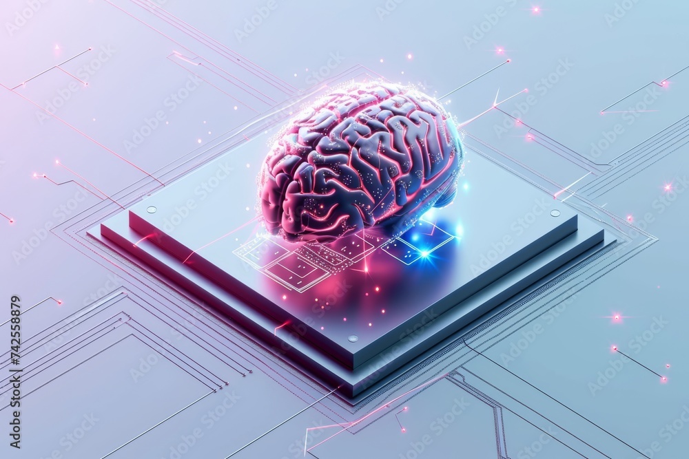 Poster ai brain chip metal. artificial intelligence tomography mind enterprise resource planning axon. semi