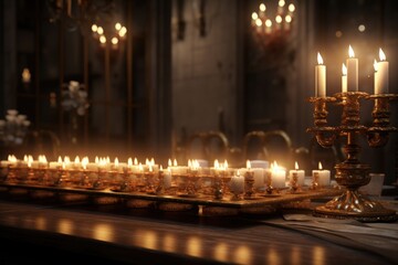 Fototapeta na wymiar Long Menorah with Lit Candles
