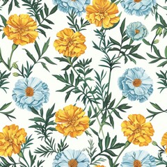 Elegant Floral Seamless Pattern in Marlin Blue and Golden Hues.