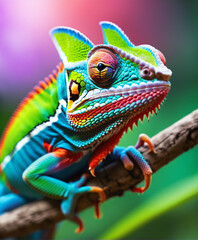 Fototapeta premium Vibrant Chameleon on Branch: A Colorful Display of Reptile Beauty