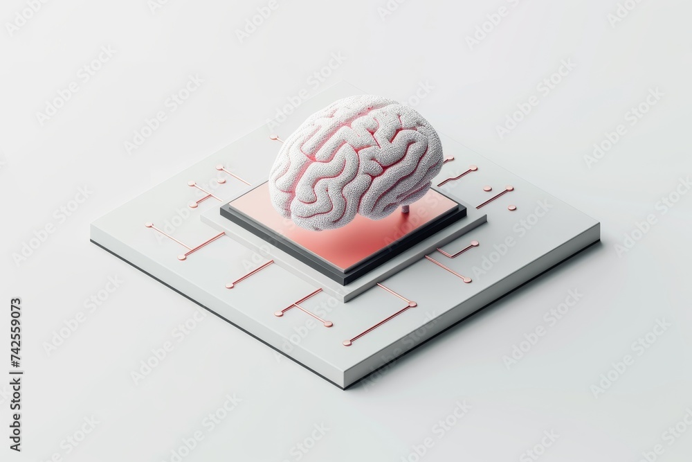 Poster ai brain chip red. artificial intelligence ant mind neurotransmitter modulation system axon. semicon