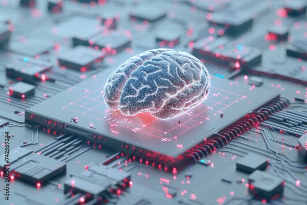 Poster ai brain chip image. artificial intelligence colony mind virtual private network axon. semiconductor
