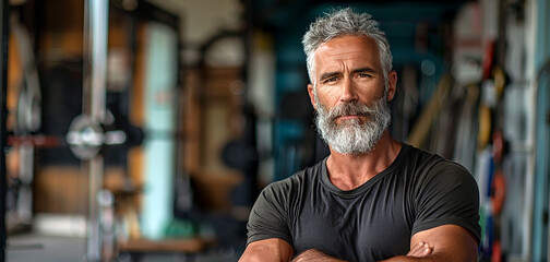 A mature, muscular, sporty man with gray hair and beard posing confidently in a gym environment. Blurred background. - 742559211