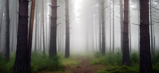Path in a dark, misty foggy forest. Autumn woods, tall trees in the half light.	 - 742559471