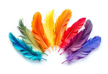 Colourful feathers isolated on white background. Easter greeting card