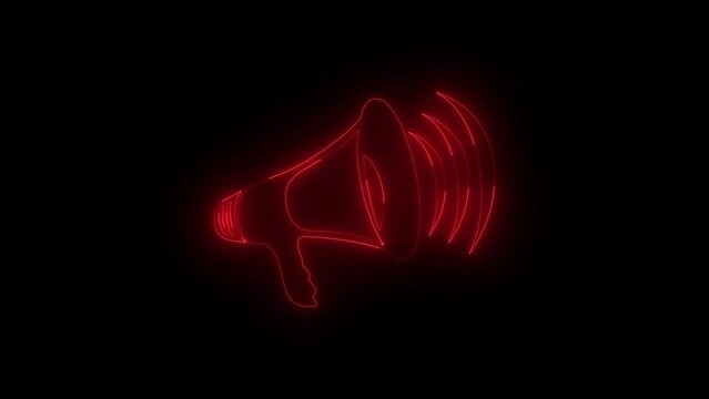 Neon glowing red megaphone icon animation in black background