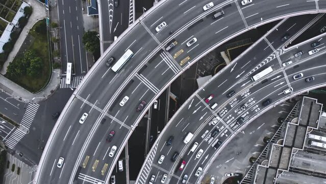 Aerial View of Busy Road Intersection 