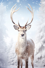 Snowy Winter Wonderland: Majestic Male Deer in a Bright White Forest