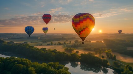 Colorful hot air balloons soar over a breathtaking landscape at sunrise, offering a serene yet adventurous start to the day. - obrazy, fototapety, plakaty