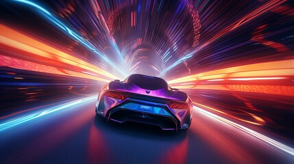 Sports Car Driving at High Speed - Colorful Tunnel

