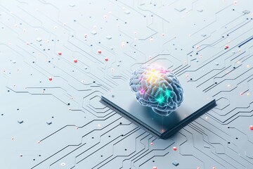 AI Brain Chip integration. Artificial Intelligence neurosynaptic human multicolor laser mind circuit board. Neuronal network axon membrane smart computer processor values - obrazy, fototapety, plakaty