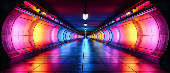 Futuristic tunnel illuminated by blue lights, creating a dynamic and modern pathway in an abstract architectural setting