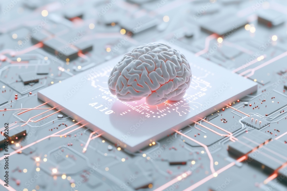 Poster ai brain chip acoustic. artificial intelligence neuronal human wafer fabrication mind circuit board.