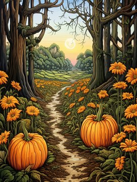 Rustic Autumnal Pumpkin Patches Riverside Painting Vintage Art Print Wall Decor