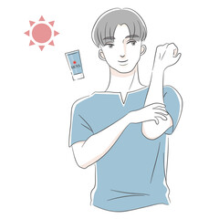 メンズ日焼け止めを塗る男性のイラストセット（ブルー）