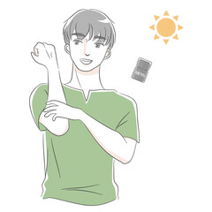 メンズ日焼け止めを塗る男性のイラストセット（グリーン）