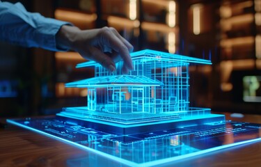 Wireframe model of a dream home presented holographically by a real estate agent followed by a futuristic contract signing