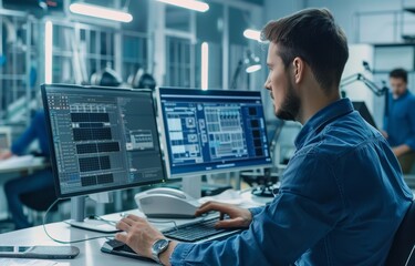 A focused engineering team using CAD software for solar panel and turbine designs