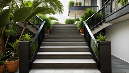 A modern architecture of stair filled with plants, AI generated  - obrazy, fototapety, plakaty