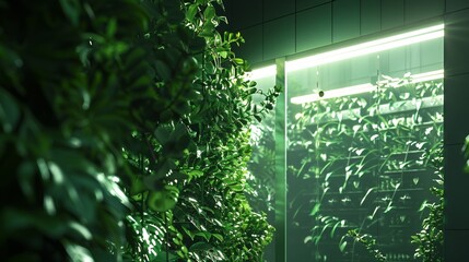 A futuristic vertical farm with lush green hydroponic plants bathed in soft artificial light