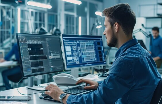 A focused engineering team using CAD software for solar panel and turbine designs
