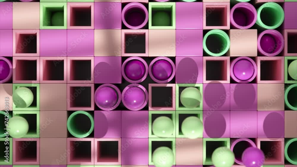 Poster vivid spheres nestled in a grid of pink and green create a playful, dynamic 3d visual.