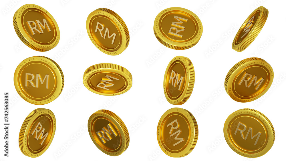Fototapete 3d rendering of set of abstract golden malaysian ringgit coins concept in different angles. ringgit 