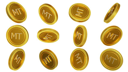 3D rendering of set of abstract golden Mozambican metical coins concept in different angles. Metical sign on golden coin isolated on transparent background