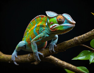 Colorful Chameleon Perched on Branch in Dark Background - Nature Wildlife
