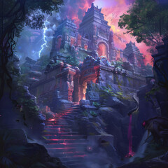 A hidden temple guarded by mythical creatures housing a powerful artifact