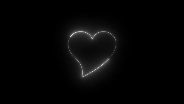 Neon glowing white heart love icon animation in black background