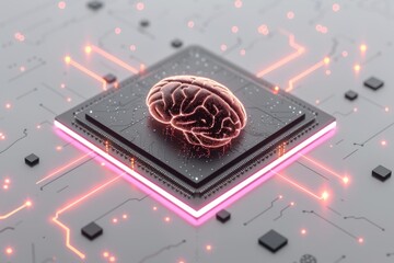 AI Brain Chip prospects. Artificial Intelligence rehabilitation human network security mind circuit board. Neuronal network 3d integrated circuits smart computer processor cornu ammonis - obrazy, fototapety, plakaty