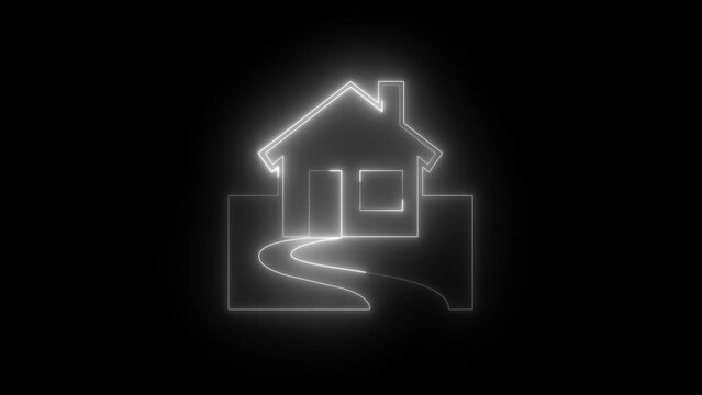 Neon glowing white house icon animation in black background