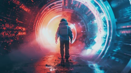 A time traveler stepping out of a sleek futuristic portal adorned in sci fi gear against a backdrop of a distorted time space continuum