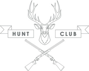 Deer Head, Crossed Hunting Rifles and Banner of Hunting Club Isolated Outline in Flat Style. Vector Illustration.