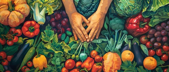 Fotobehang A vivid watercolor art depiction of hands picking vibrant veggies from a sun kissed garden © Virtual Art Studio