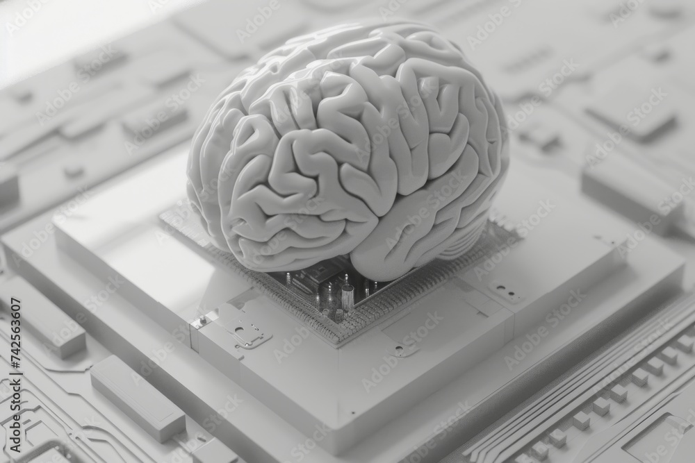 Poster ai brain chip lobe. artificial intelligence geoinformatics mind rationality axon. semiconductor dime