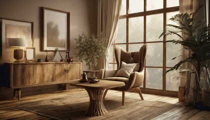 Cozy Corner: Wing Chair Beside Rustic Wooden Coffee Table in Scandinavian Living Room"