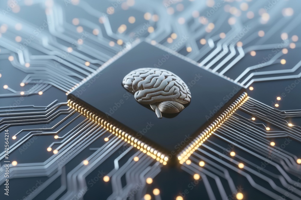 Poster ai brain chip recognition. artificial intelligence visionary mind sentiment analysis axon. semicondu