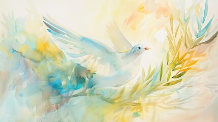 Dove and olive branch abstractly intertwined symbolizing peace in pastel watercolors - obrazy, fototapety, plakaty