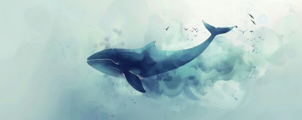 Gentle whale and fish in an ocean scene abstract style depicting calmness and harmony