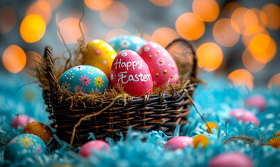 Fototapeta na wymiar Festive Happy Easter greeting with a vibrant assortment of decorated eggs in a basket, surrounded by pastel colors and springtime cheer