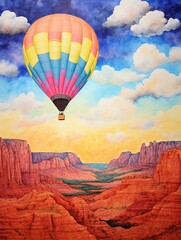 Colorful Hot Air Balloon Skies National Park Art Print - Overhead Perspective Rustic Wall Decor