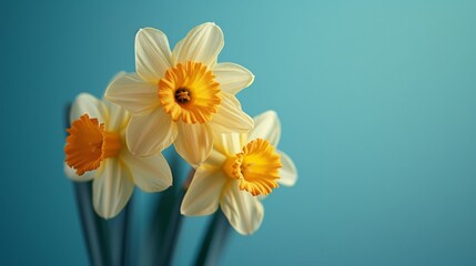 Beautiful bright yellow daffodils in vase on blue background as spring floral arrangement concept